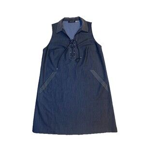 Ivanka Trump Womens Denim Collared Embroidered Lace Up Sheath Dress Sz 14 Petite